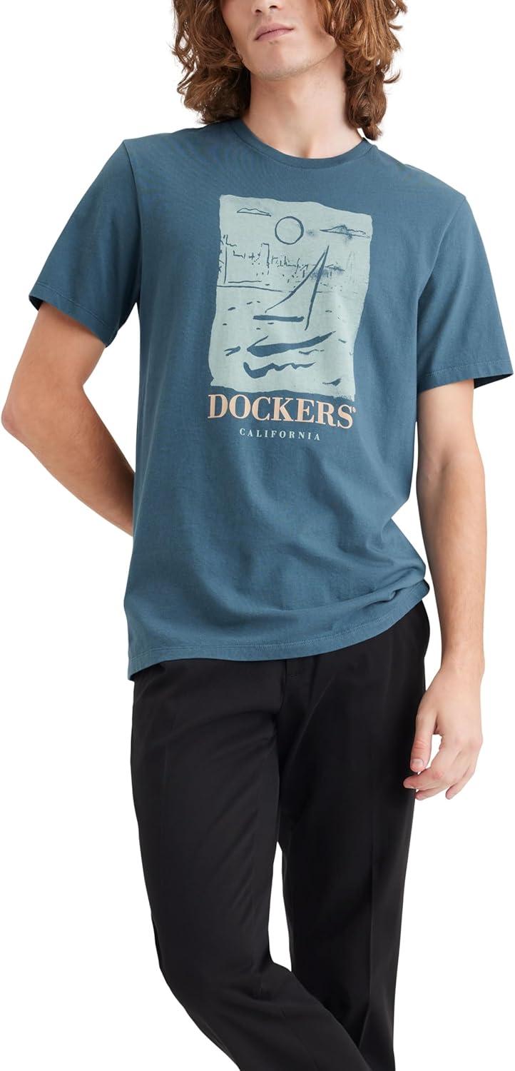 imageDockers Mens Slim Fit Short Sleeve Graphic Tee ShirtCity By the Bay Indian Teal