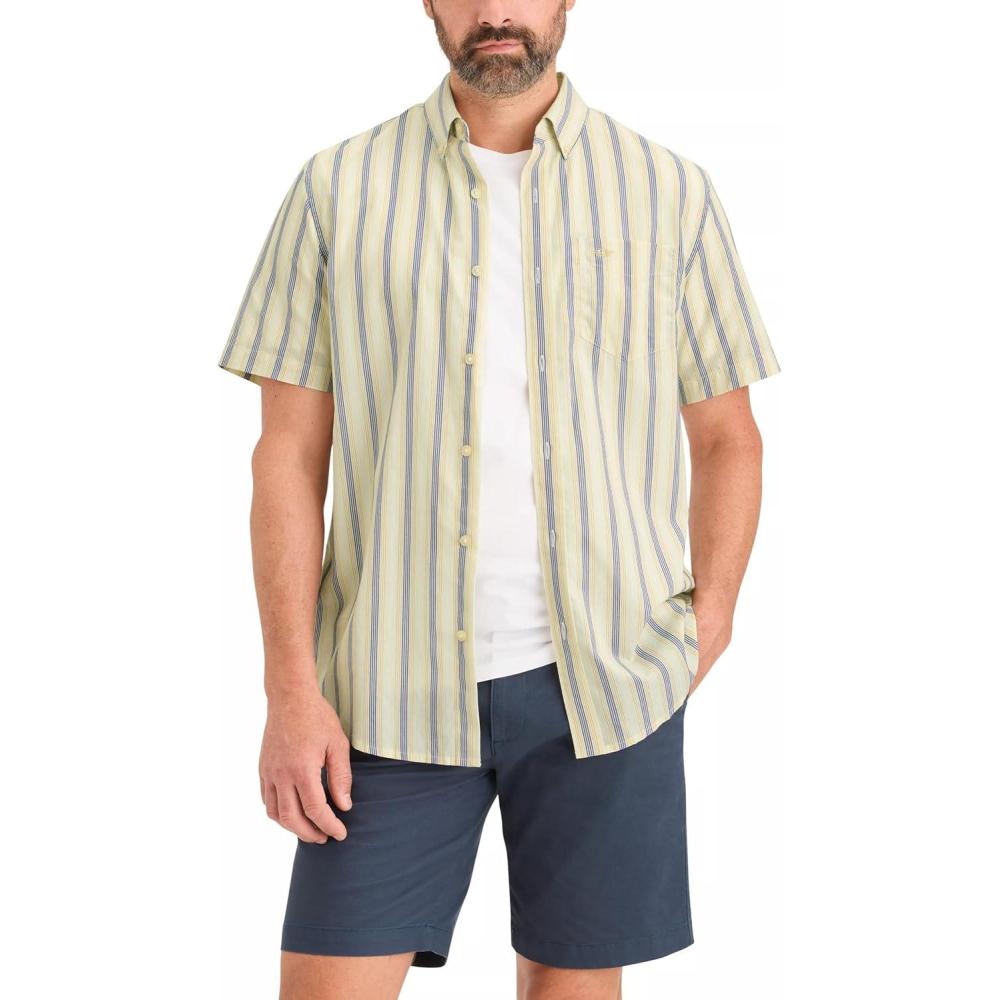 imageDOCKERS Mens Mens Signature Shirt Short Sleeve Classic Fit with Stain DefenderSambria Dusty Yellow Stripe