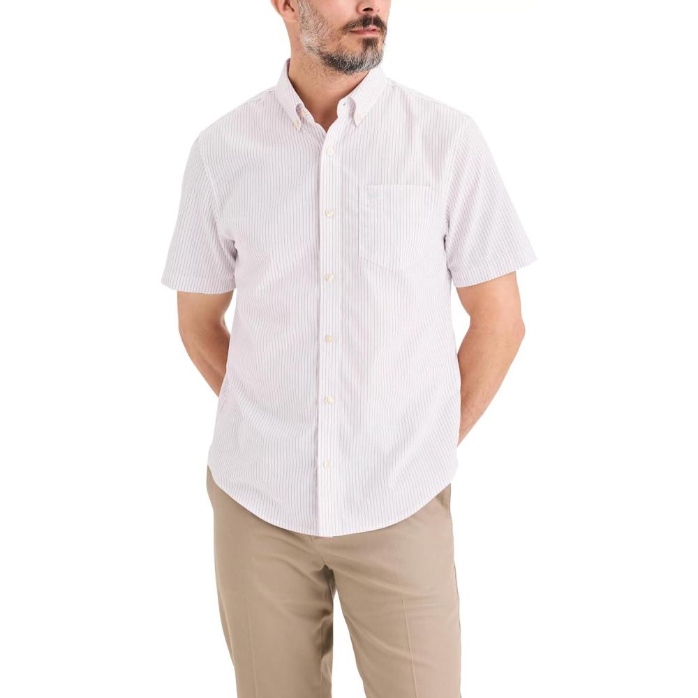 imageDOCKERS Mens Mens Signature Shirt Short Sleeve Classic Fit with Stain DefenderToadstool Stripe