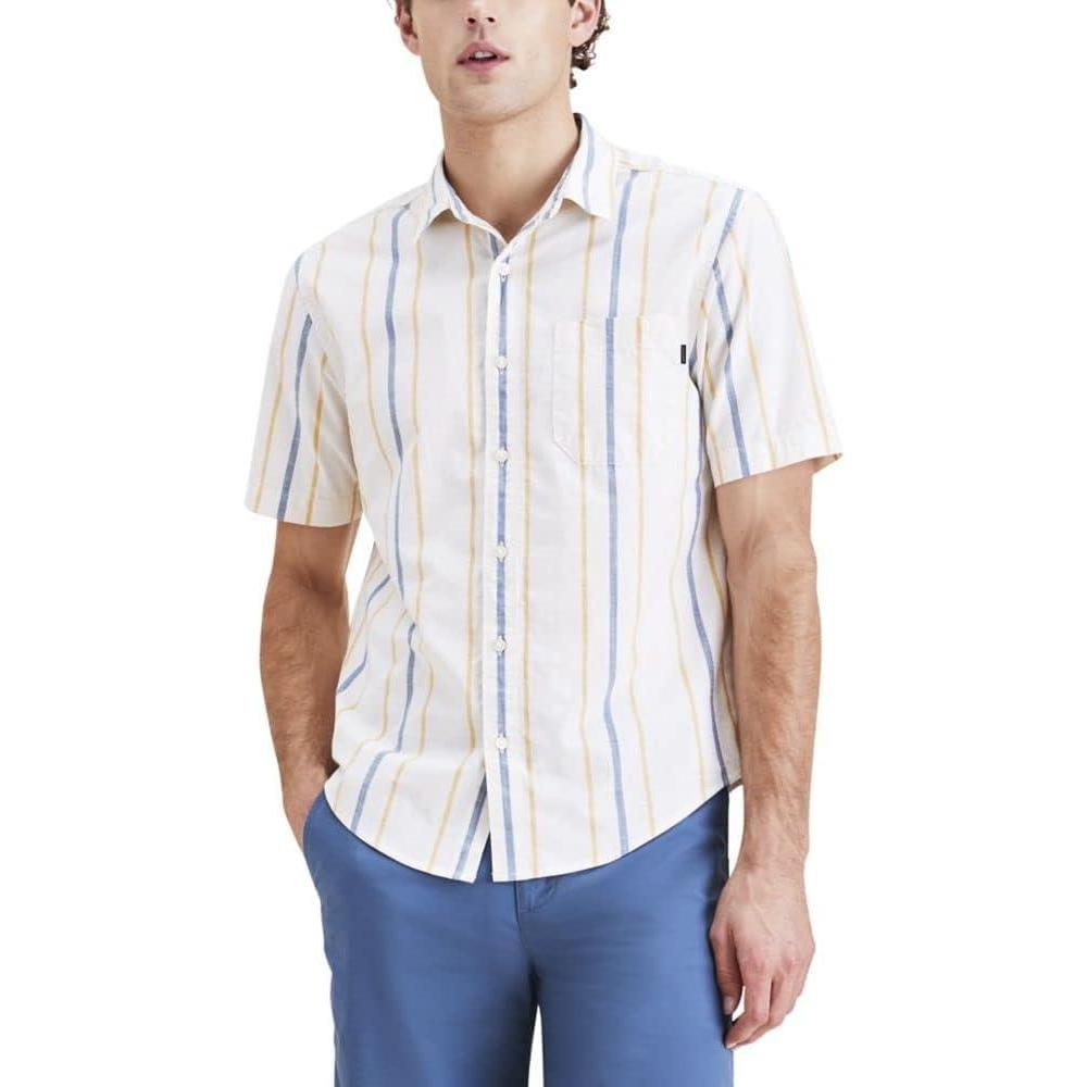 imageDOCKERS Mens Regular Fit Short Sleeve Casual Shirt Standard and Big ampamp TallGolden Apricot Stripe