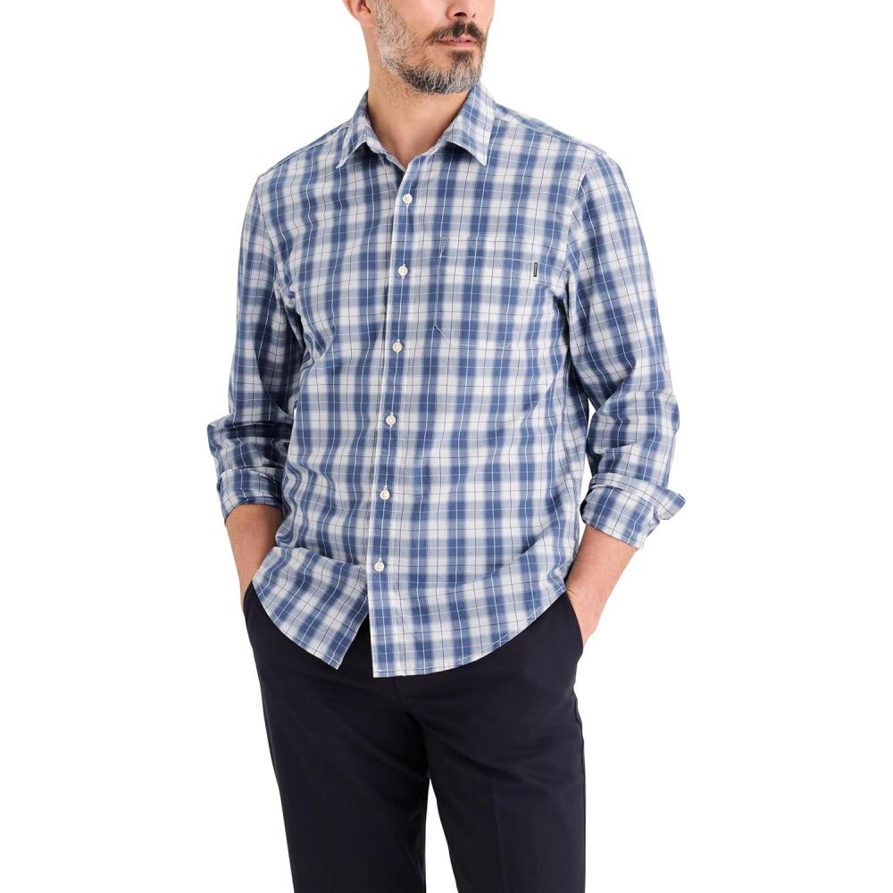 imageDOCKERS Mens Ultimate Shirt Long Sleeve Regular FitReeves Poplin Coastal Fjord Plaid