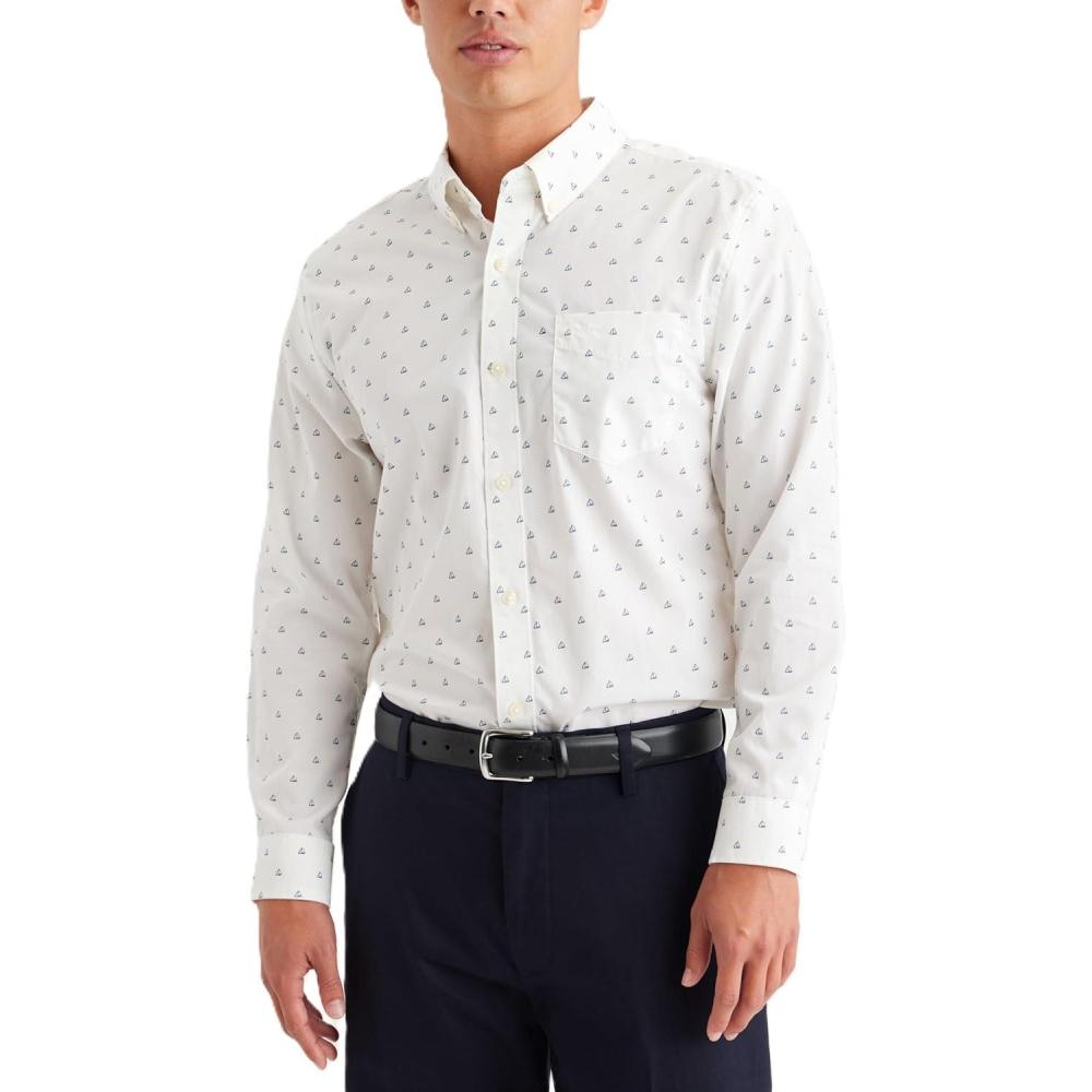 imageDockers Mens Classic Fit Long Sleeve Signature Iron Free Shirt with Stain DefenderLucent White Ferry Print