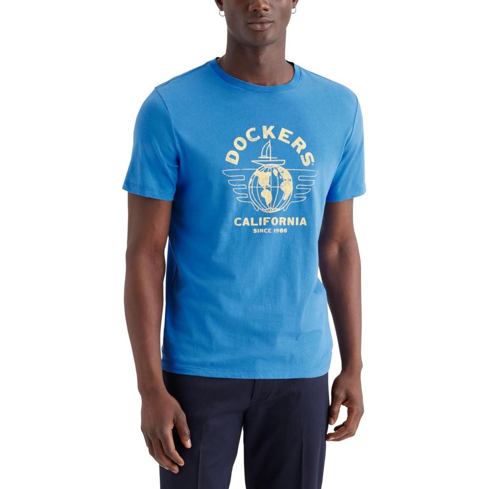 imageDockers Mens Slim Fit Short Sleeve Graphic Tee ShirtWorldwide Ceramic Blue