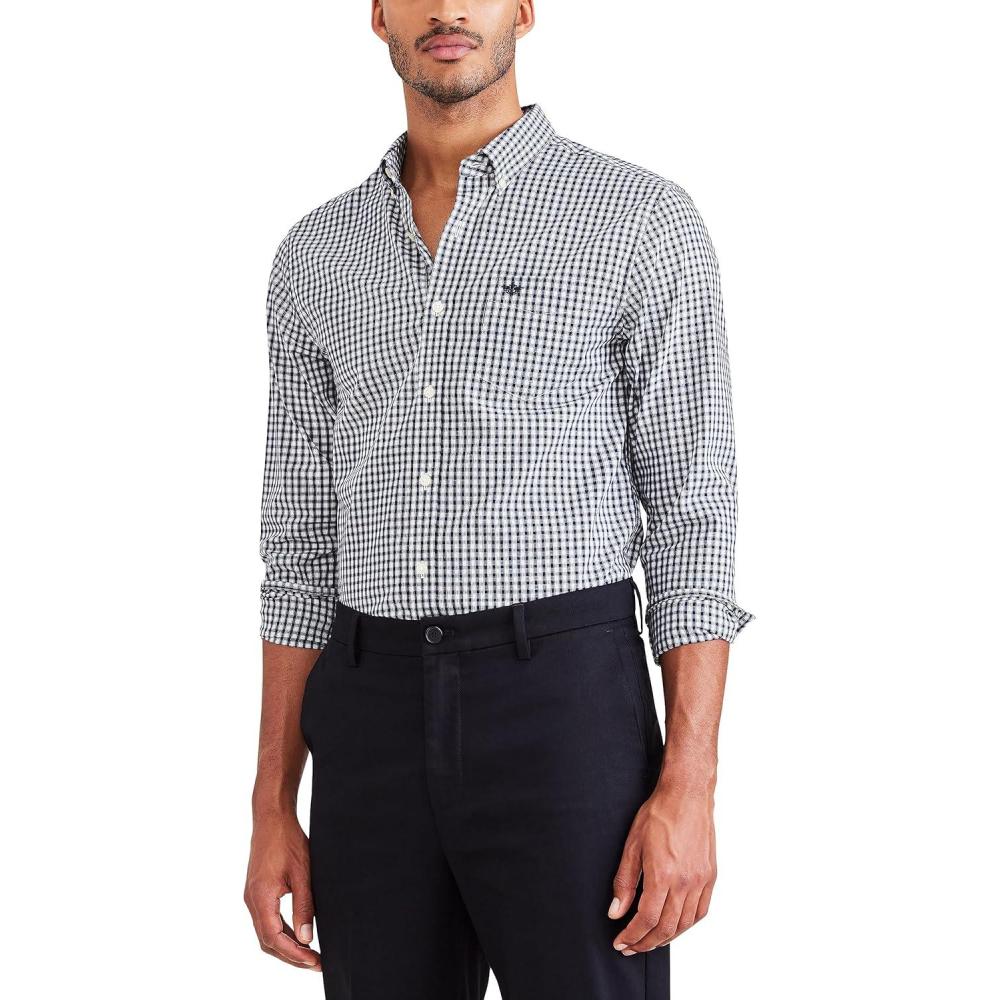 imageDockers Mens Supreme Flex Long Sleeve Button Up ShirtNavy Blazer Plaid