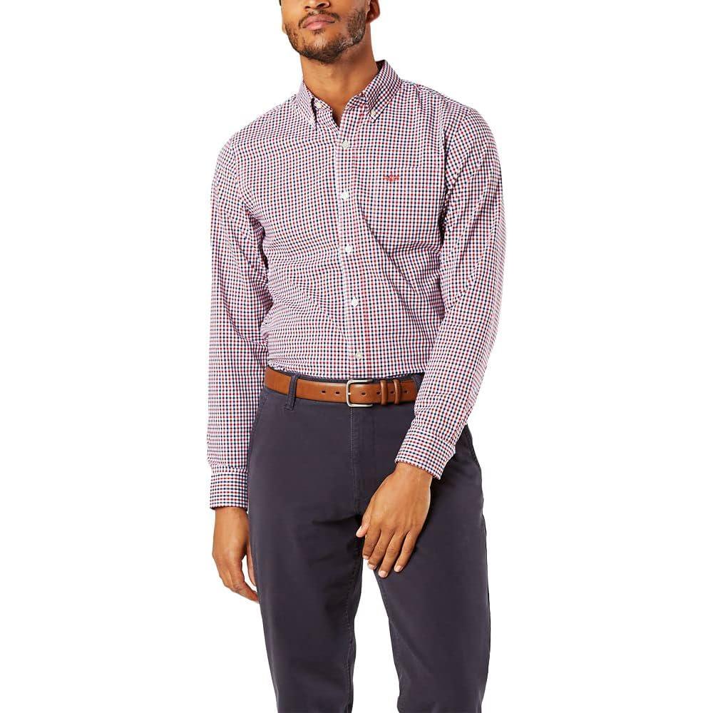imageDockers Mens Supreme Flex Long Sleeve Button Up ShirtRio Red Plaid