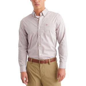 Dockers Men’s Supreme Flex Long Sleeve Button Up Shirt(Pink Chuparosa Fawn Plaid)