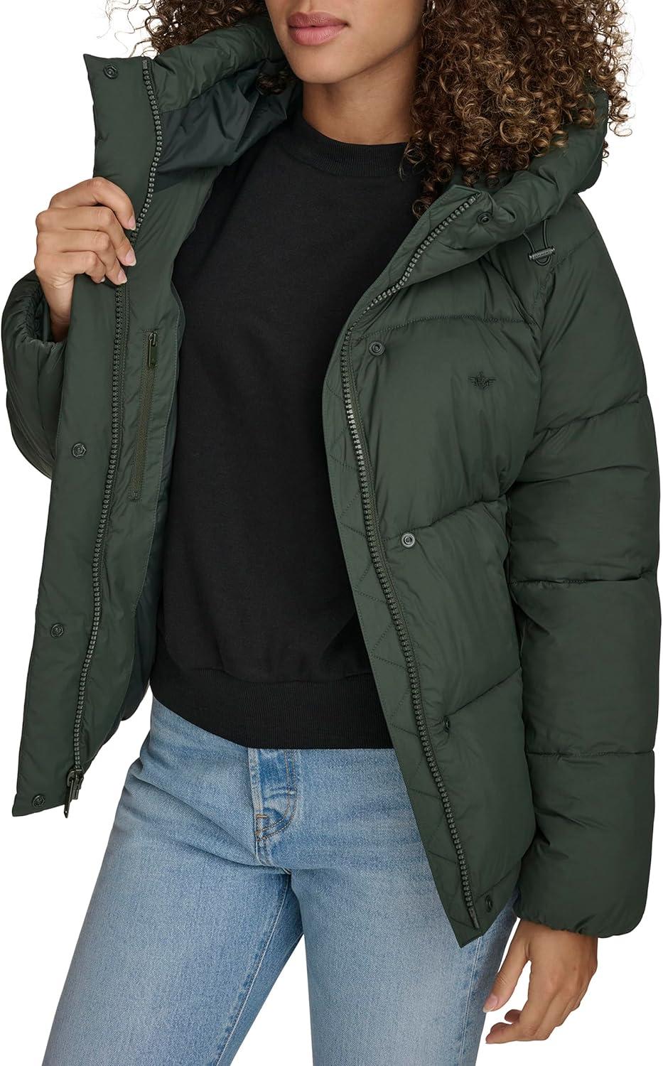 imageDOCKERS womens Water Resistant Quilted Bubble Puffer Jacket With HoodDark Forest