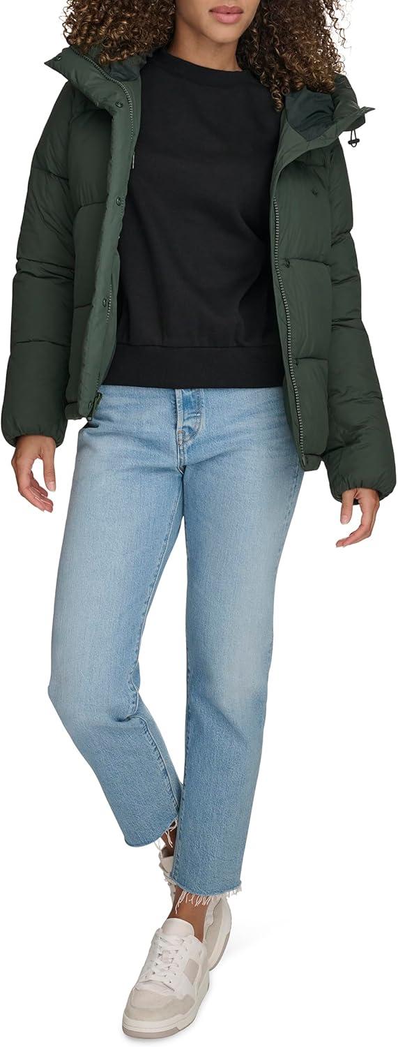 imageDOCKERS womens Water Resistant Quilted Bubble Puffer Jacket With HoodDark Forest