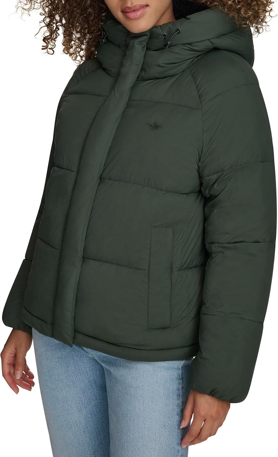 imageDOCKERS womens Water Resistant Quilted Bubble Puffer Jacket With HoodDark Forest