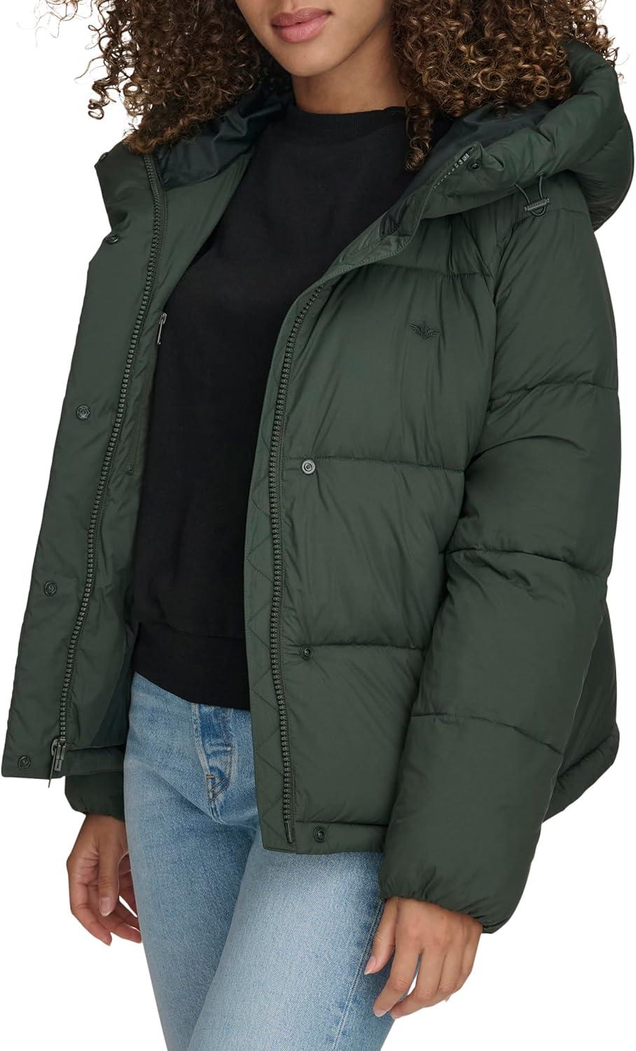 imageDOCKERS womens Water Resistant Quilted Bubble Puffer Jacket With HoodDark Forest