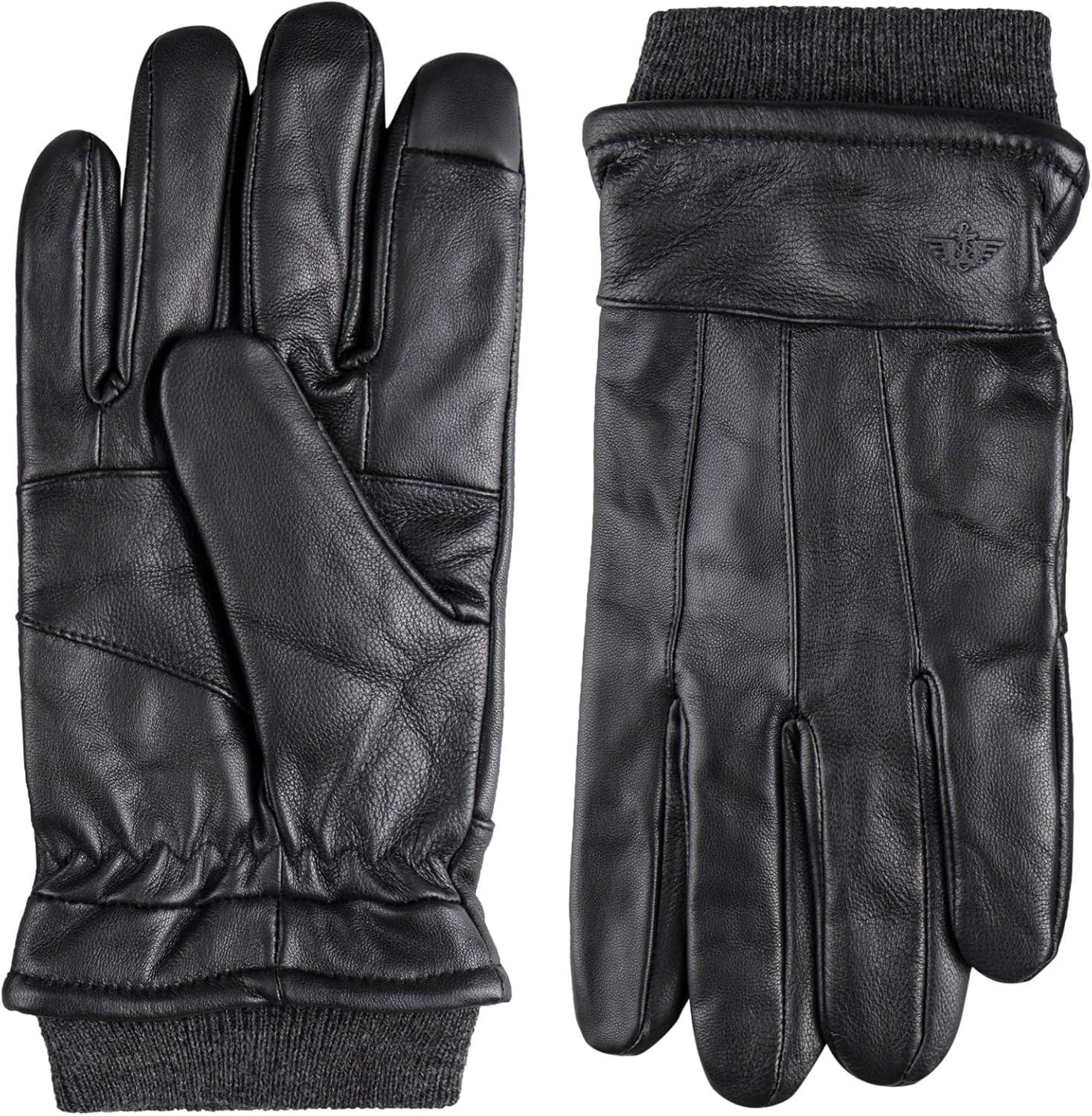imageDockers Mens Warm Leather Winter Gloves with Smartphone Touchscreen CapabilityBlack Cuffed