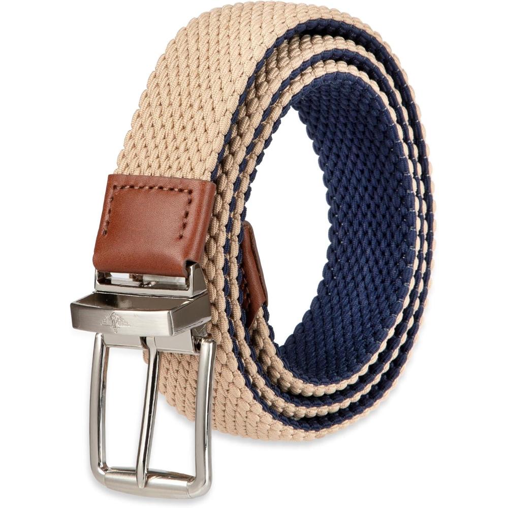 imageDOCKERS Mens Reversible Stretch Fabric Belt SpringSummer Belt Golf BeltKhakiNavy