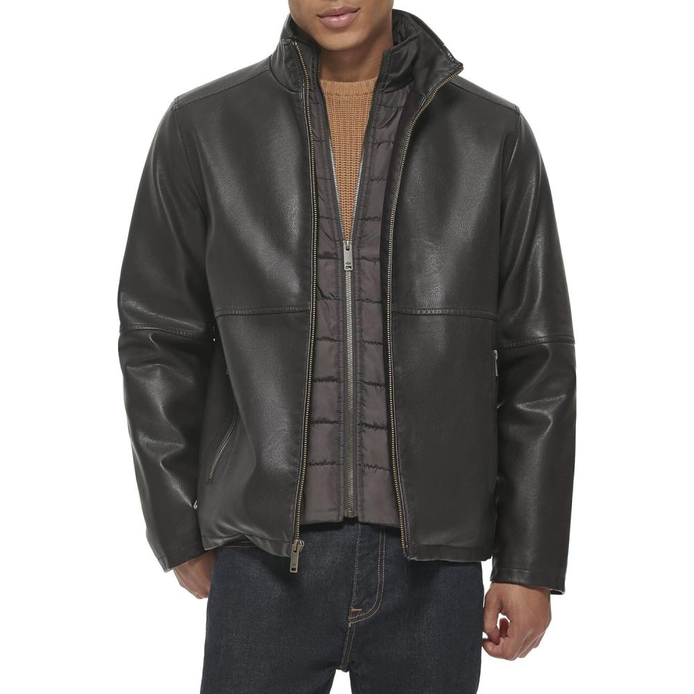imageDOCKERS Mens The Dylan Faux Leather Racer JacketDark Brown With Bib