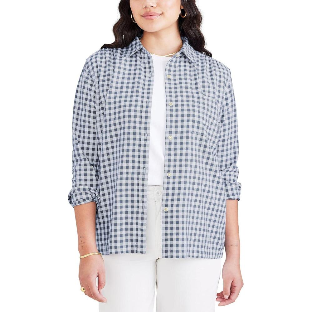 imageDOCKERS Womens Regular Favorite Long Sleeve Collared ShirtPort Blue Fusion  Plaid Twill