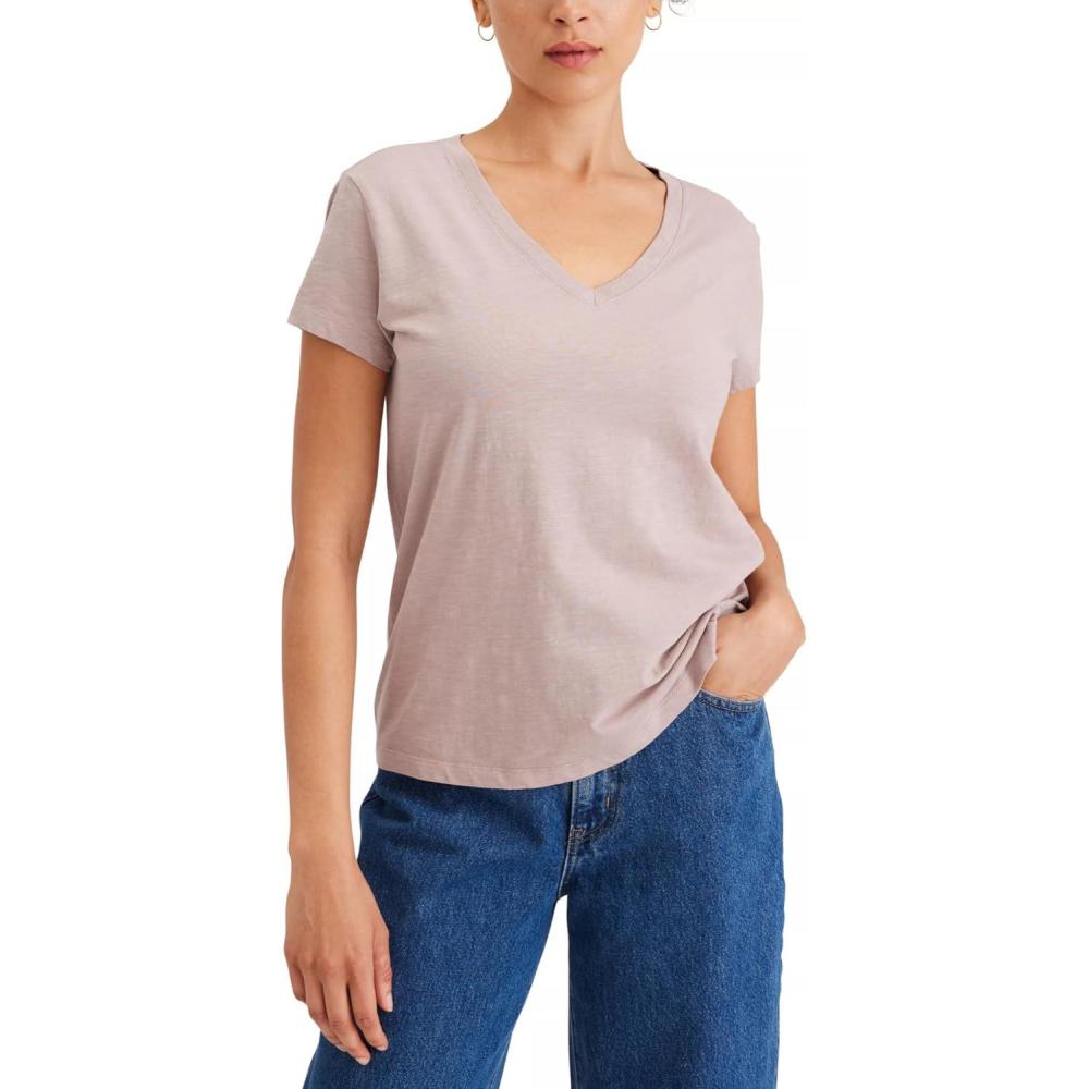 imageDOCKERS Womens Slim Fit Short Sleeve Favorite VNeck Tee ShirtFawn