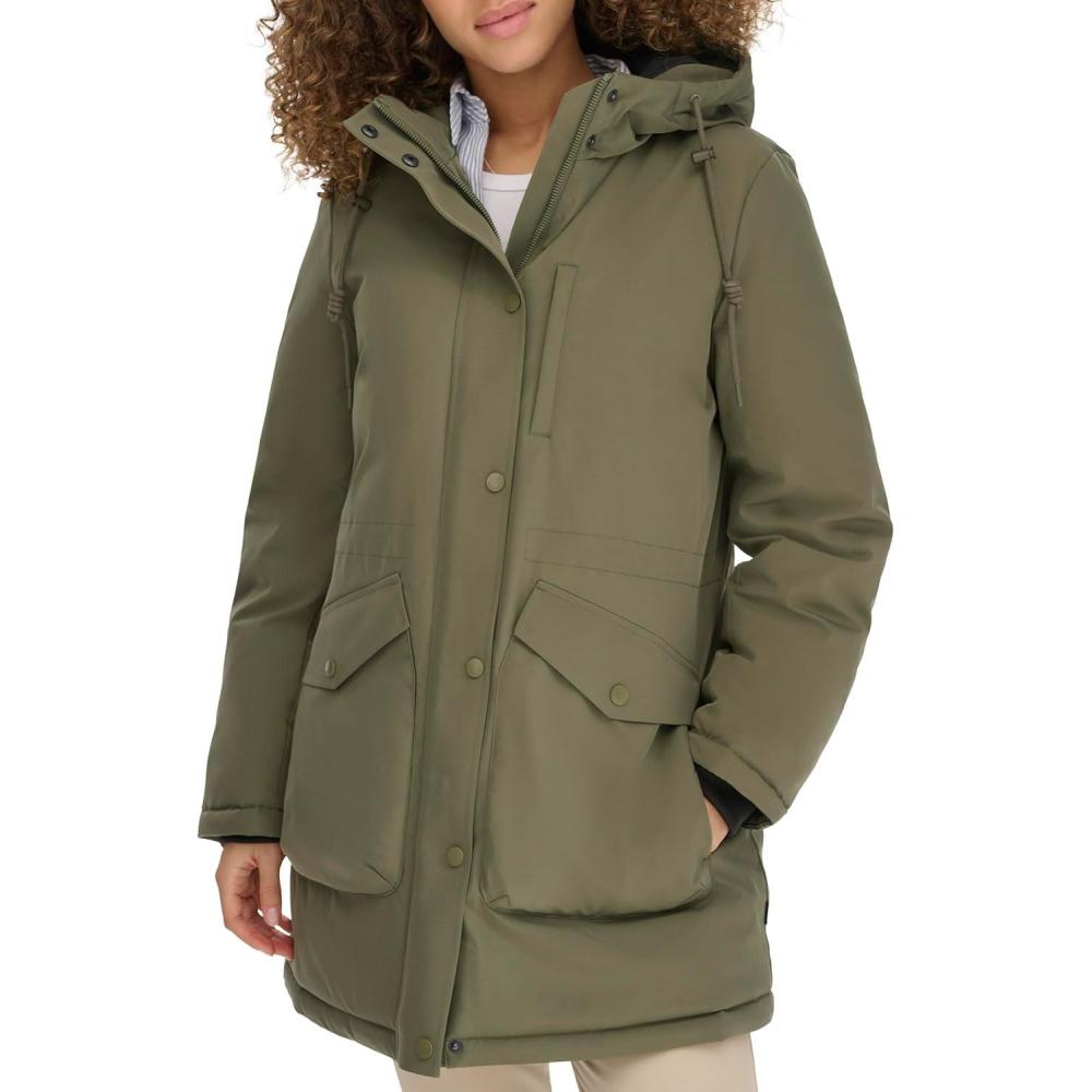 imageDOCKERS womens Cinched Waist Hooded Parka Jacket With Quilted InteriorOlive