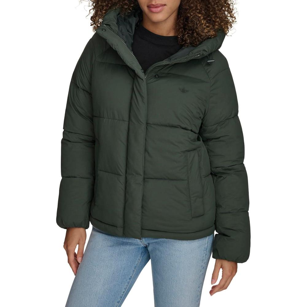 imageDOCKERS womens Water Resistant Quilted Bubble Puffer Jacket With HoodDark Forest