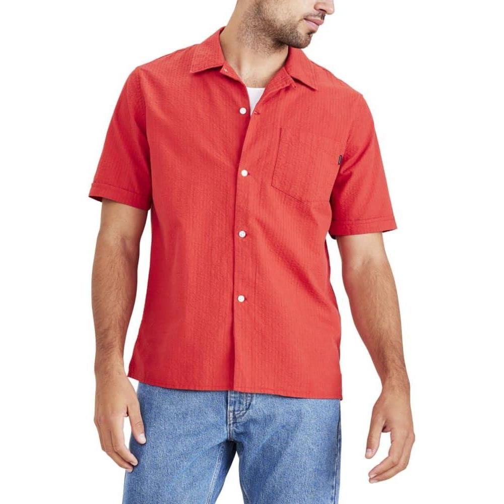 imageDockers Mens Regular Fit Short Sleeve Camp Collar ShirtCherry Bomb Red  Solid Seersucker