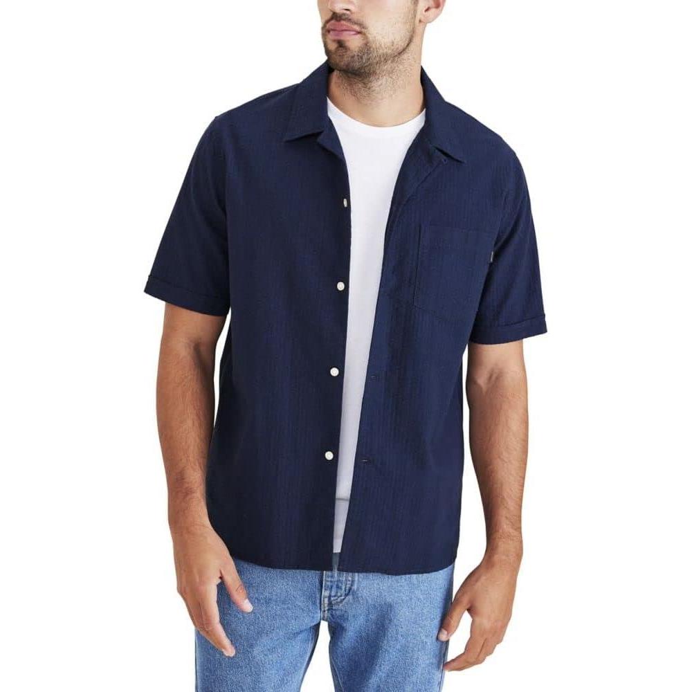 imageDockers Mens Regular Fit Short Sleeve Camp Collar ShirtNavy Blazer Solid Seersucker