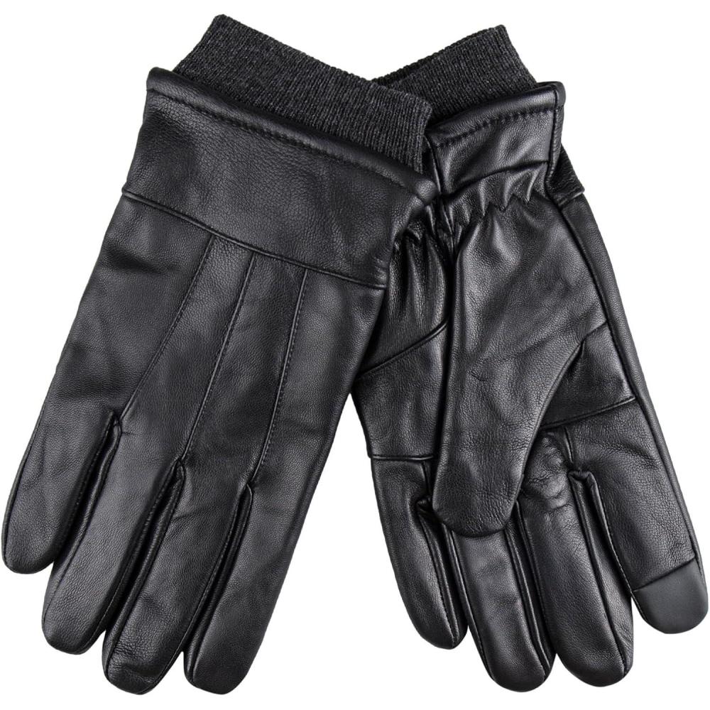 imageDockers Mens Warm Leather Winter Gloves with Smartphone Touchscreen CapabilityBlack Cuffed
