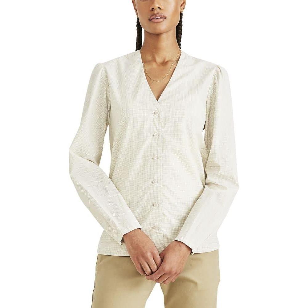 imageDockers Womens Classic Fit Long Sleeve VNeck ShirtShara Khaki  Grove Print Poplin