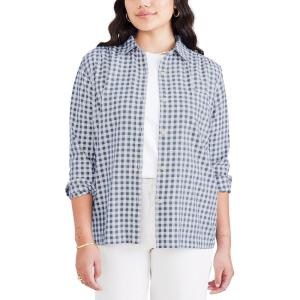 DOCKERS Womens Regular Favorite Long Sleeve Collared Shirt(Port Blue Fusion – Plaid (Twill))