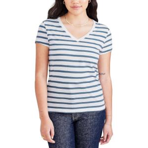 DOCKERS Womens Slim Fit Short Sleeve Favorite V-Neck Tee Shirt(Blue Fusion Stripe)