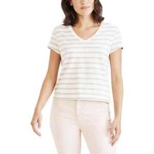 DOCKERS Womens Slim Fit Short Sleeve Favorite V-Neck Tee Shirt(Sahara Khaki Stripe)