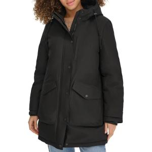 DOCKERS womens Cinched Waist Hooded Parka Jacket With Quilted Interior(Black)