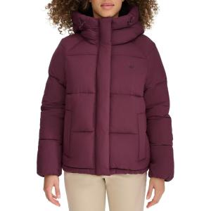 DOCKERS womens Water Resistant Quilted Bubble Puffer Jacket With Hood(Wine)