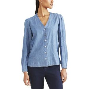 Dockers Women’s Classic Fit Long Sleeve V-Neck Shirt(Light Wash Blue – Chambray Print (Twill))