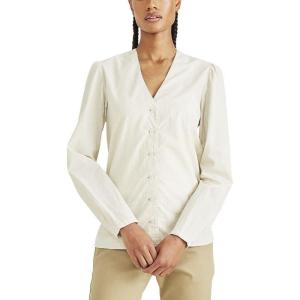 Dockers Women’s Classic Fit Long Sleeve V-Neck Shirt(Shara Khaki – Grove Print (Poplin))