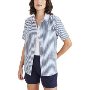 Dockers Womens Regular Fit Short Sleeve Button Down Shirt(Oceanview Blue – Carpinteria Stripe (Poplin))