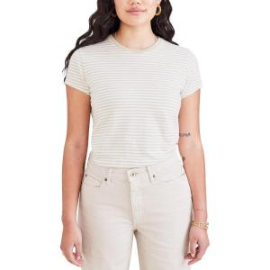 Dockers Women’s Slim Fit Cotton Slub Jersey Favorite Crew T-Shirt(Sahara Khaki Stripe)
