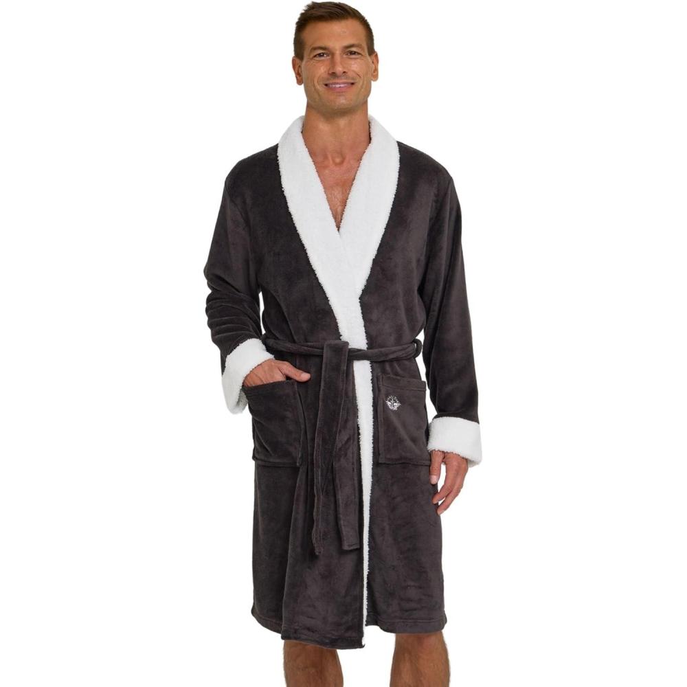 imageDOCKERS Mens Bath Robe for Men Plush Sherpa Shower Robe with PocketsBlack