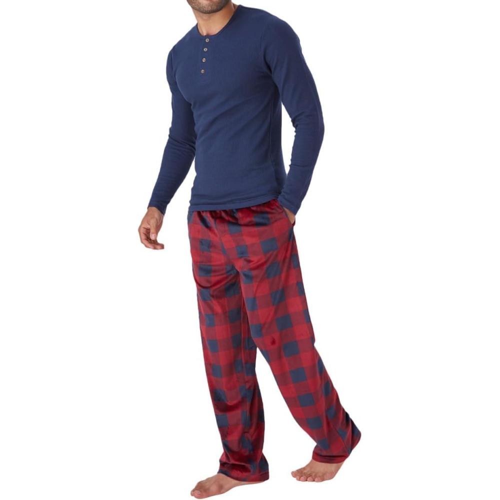 imageDOCKERS Mens Pajama Sets Plaid PJ Pants for Men Lounge Set Long Sleeve Shirt Plaid BottomsNavy