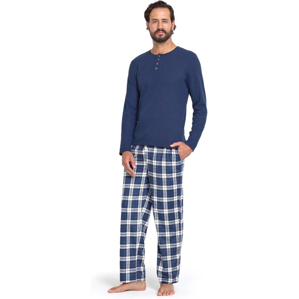 imageDOCKERS Mens Pajama Sets Plaid PJ Pants for Men Lounge Set Long Sleeve Shirt Plaid BottomsNavyCream