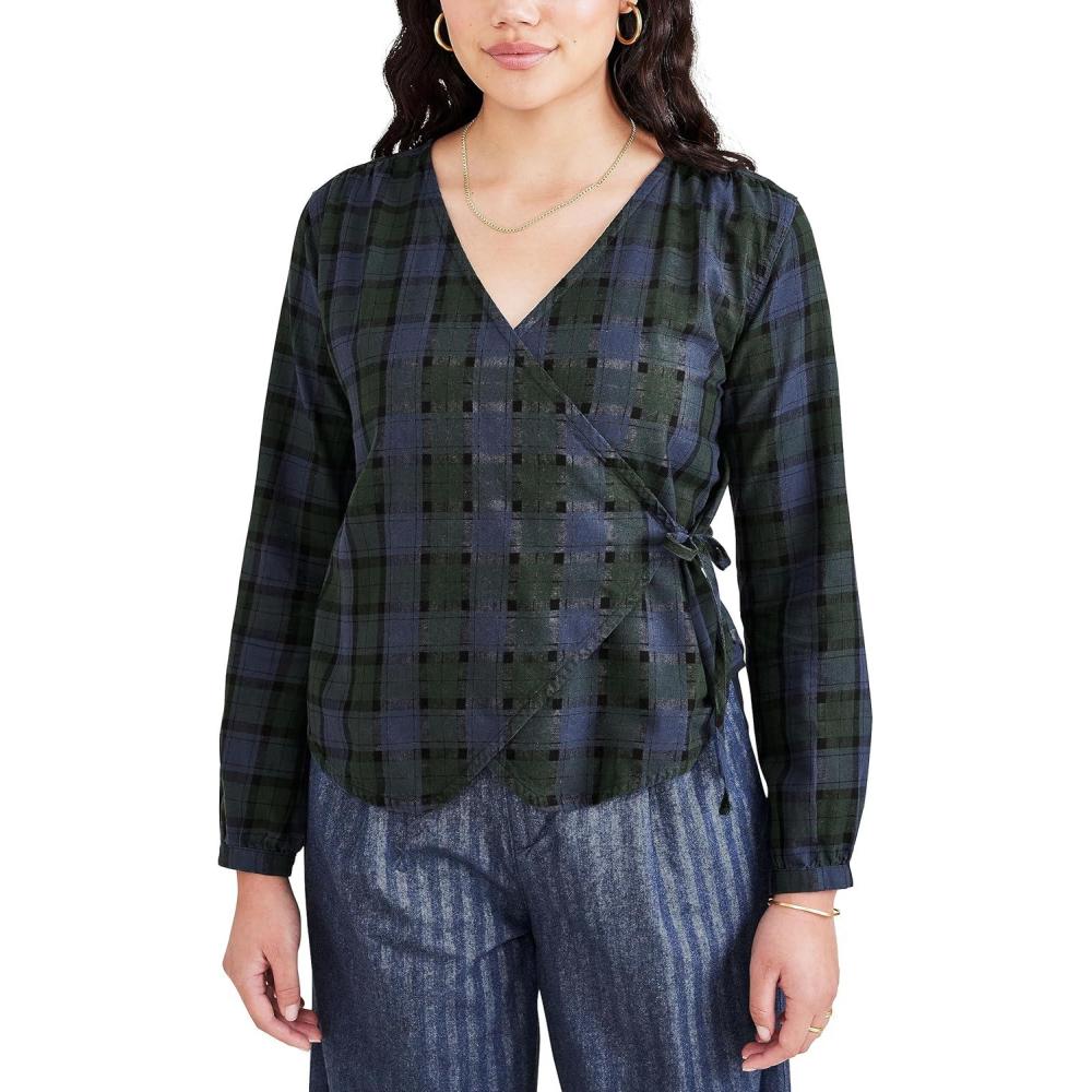 imageDOCKERS Womens Regular Fit Long Sleeve Flowy Blouse ShirtNavy Blazer  Monclair Plaid Twill