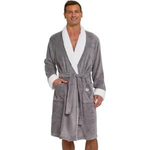 DOCKERS Mens Bath Robe for Men Plush Sherpa Shower Robe with Pockets(Grey)
