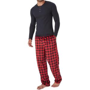 DOCKERS Men’s Pajama Sets, Plaid PJ Pants for Men Lounge Set Long Sleeve Shirt Plaid Bottoms(Black)