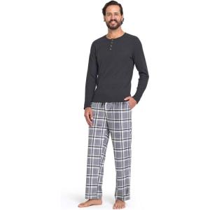 DOCKERS Men’s Pajama Sets, Plaid PJ Pants for Men Lounge Set Long Sleeve Shirt Plaid Bottoms(Black/Grey)