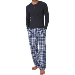 DOCKERS Men’s Pajama Sets, Plaid PJ Pants for Men Lounge Set Long Sleeve Shirt Plaid Bottoms(Charcoal)