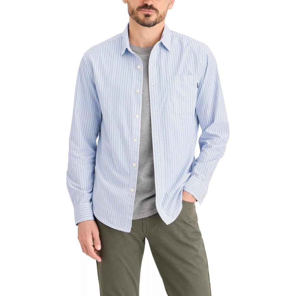 imageDockers Mens Regular Fit Long Sleeve Casual Shirt Regular and Big ampamp TallErwin Poplin Bel Air Blue Stripe